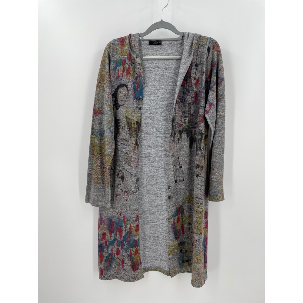 Inoah Art to Wear Hooded Duster Cardigan Jacket L Grey Open Front Made‎ in USA